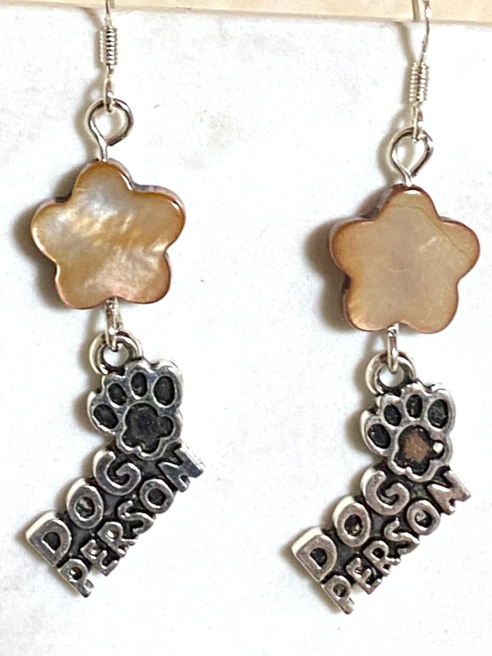 2/$20, Dark Mother of Pearl Flower & Dog Person Earrings w/ Sterling Silver Hook